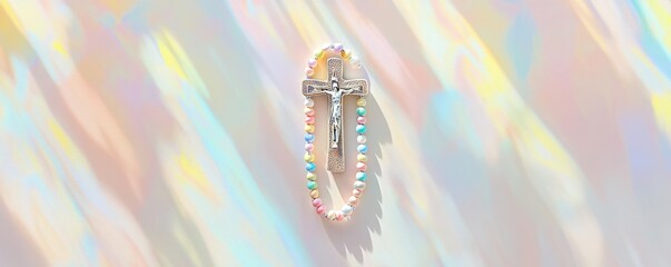 Poster - A colorful beaded rosary with a silver cross against a soft, iridescent background.