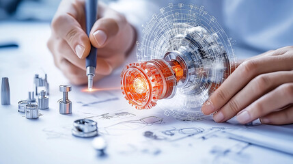 Fototapete - Innovative engineer designing mechanical component with precision tools, showcasing creativity and technology in product development
