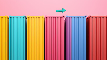 Aufkleber - Colorful shipping containers arranged in row with arrow indicating movement. vibrant colors create lively and dynamic visual effect, perfect for conveying growth or change
