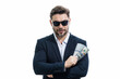 © Volodymyr - Business man hold money on white studio isolated background. Rich man in suit with money dollar bills. Successful businessman with dollar banknotes. Rich millionaire in suit holding money.