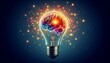 © Ojas - A glowing light bulb with brain as filament symbolizes creativity, innovative ideas and the invention of technology and intelligence, representing the knowledge of human thought and Power of invention