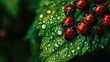 © Natchooda - A group of ladybugs huddled on a fresh green leaf with light reflecting off tiny water droplets, creating a delicate, natural composition