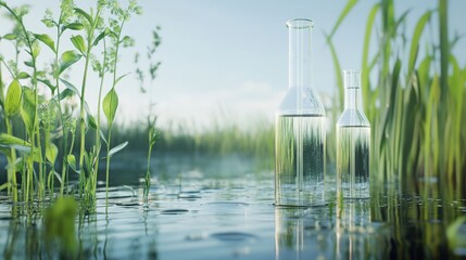 Poster - A serene scene showing glass flasks amidst lush green plants and clear water, symbolizing the connection between nature and science.