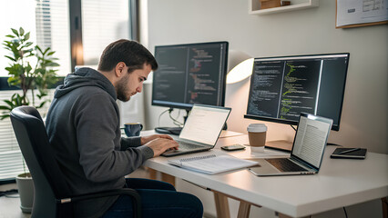 male programmer writing code on a laptop, sitting and working in an office. the office setting has m