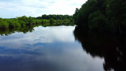 Wall Mural - Calm lake of dark waters and the serene blue sky reflected.