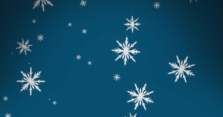 Wall Mural - digital image of snowflakes icons falling against copy space on blue background