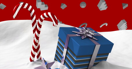 Wall Mural - image of present and christmas candies over red background with 3d shapes