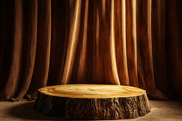 Wall Mural - he product showcase features a wooden podium, rustic tree slice platform, warm brown tones, dramatic
