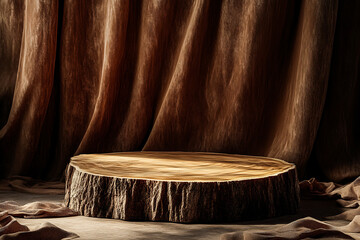 Wall Mural - he product showcase features a wooden podium, rustic tree slice platform, warm brown tones, dramatic