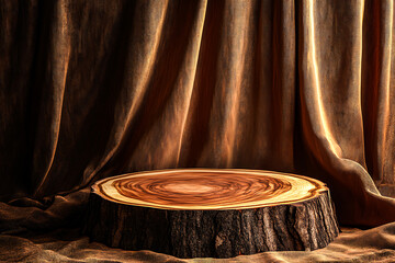 Wall Mural - he product showcase features a wooden podium, rustic tree slice platform, warm brown tones, dramatic