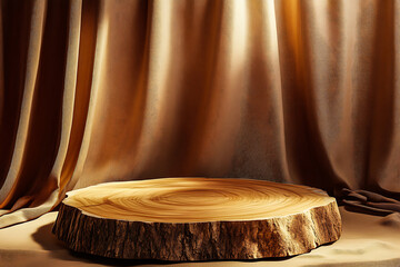 Wall Mural - he product showcase features a wooden podium, rustic tree slice platform, warm brown tones, dramatic