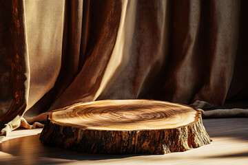 Wall Mural - he product showcase features a wooden podium, rustic tree slice platform, warm brown tones, dramatic