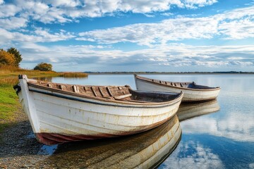  Two white wooden boats on a calm lake shore with blue sky and clouds.