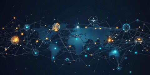 Wall Mural - a clean infographic design showing global network connections with icons representing data transfer 