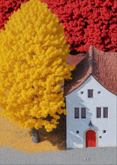 Canvas Print - White House with Yellow Tree: Autumn Scene