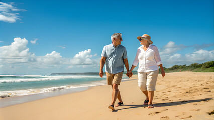 Wall Mural - Happy Elderly couple walking on a beach in bright day