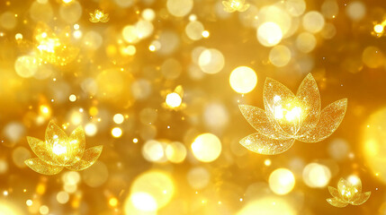 Abstract golden background with glowing lotus flowers and bokeh effect.