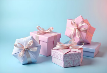 Wall Mural - Beautifully wrapped gift boxes in pastel colors with ribbons create festive atmosphere. Perfect for celebrations, these presents add charm to any occasion