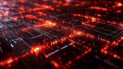 Abstract red and white digital network with glowing lights.