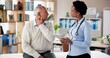 © peopleimages.com - Woman, doctor and senior man with neck pain, checkup or medical advice at clinic consultation. Help, healthcare professional and elderly patient in office with muscle cramp, injury or lymph node ache