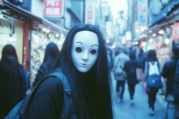 Sticker - A person wearing a white mask walks through a crowded street. AI.