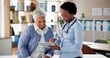 © peopleimages.com - Senior woman, doctor and tablet with consultation, caregiver and care with digital results. Medical, communication and surgery talk for cardiology wellness with tech, help and nurse support in office
