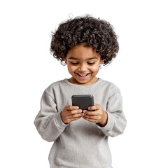 Poster - Happy boy using a smartphone, isolated on transparent background