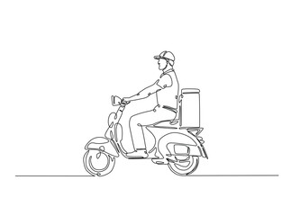 Wall Mural - Continuous one line drawing of delivery man riding scooter. Courier riding a scooter single line art vector illustration. Editable vector.