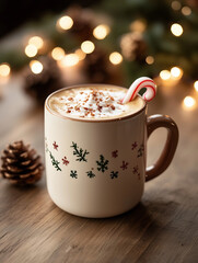 Christmas themed coffee mug with candy canes, holiday cappuccino, Christmas concept background