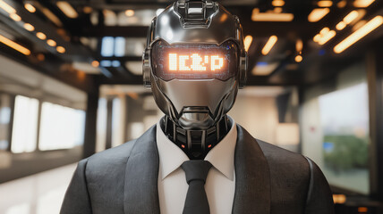 Wall Mural - A man in a suit and tie is wearing a robot head. The image has a futuristic and industrial feel to it, with the robot head