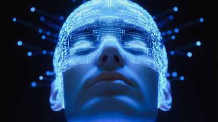 Wall Mural - a man's face is shown in blue with a lot of lights surrounding it. the image conveys a futuristic an