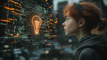 Wall Mural - a woman is looking at a computer screen with a glowing light bulb on it. concept of curiosity and wo