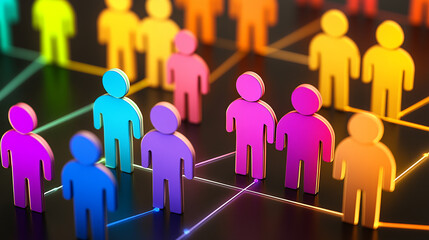 Colorful 3D people figures connected by glowing lines, representing a network or social connection.