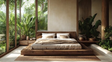 An eco-conscious bedroom with minimalistic, sustainable decor, a recycled wood bed, natural fiber pillows, and indoor greenery, capturing a clean, earthy aesthetic --ar 16:9