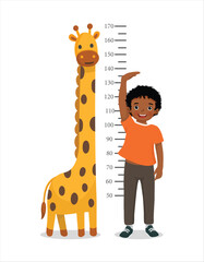 Wall Mural - Cute little African boy measuring height of his growth on the background of wall with giraffe
