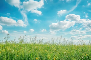 A field of green grass and yellow wildflowers with a blue sky and white clouds above.