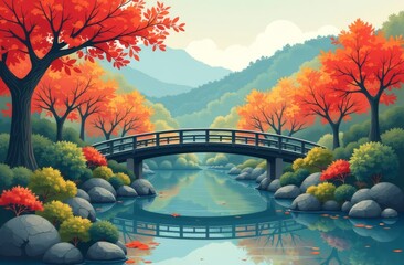 Fototapete - A bridge spans a river in a forested area with autumn foliage