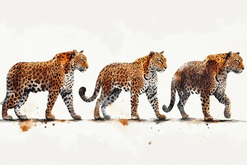 A watercolor illustration of three leopards walking, showcasing their distinct patterns.