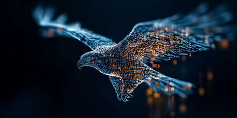 Poster - digital illustration of eagle made of binary code, symbolizing technology and freedom. glowing binary numbers form shape of eagle, creating futuristic and dynamic image
