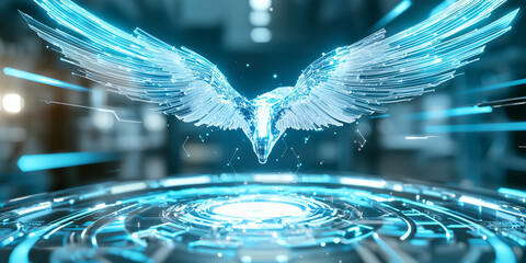 Poster - futuristic office features holographic Pegasus, glowing with blue light, symbolizing innovation and technology