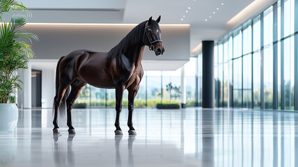Poster - majestic horse stands gracefully in modern office setting, surrounded by sleek architecture and large windows, creating surreal and captivating scene