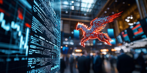 Poster - Pegasus made of digital code flies over bustling cityscape, symbolizing innovation and technology