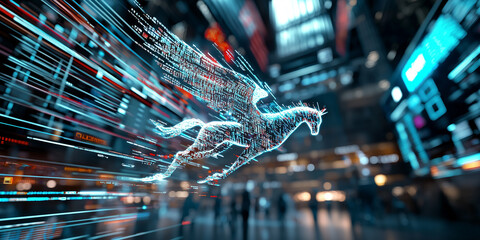 Poster - digital Pegasus made of code flies over bustling cityscape, symbolizing innovation and technology