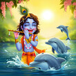 © Deepa - Young Lord Krishna playing the flute with dolphins joyfully leaping around him, symbolizing his playful nature and connection with all creatures