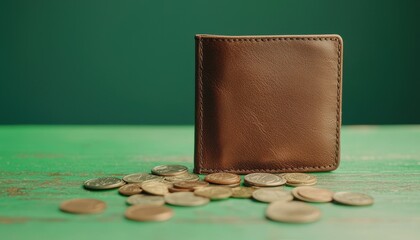 investing mistakes of beginners concept. A brown wallet beside scattered coins on a vibrant green surface.