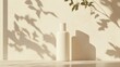 © Elena - A Minimalist White Bottle Casts a Soft Shadow Against a Sunlit Beige Wall Adorned With Delicate Green Leaves, Capturing a Serene Moment in an Indoor Setting