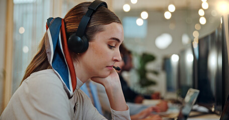 Poster - Call center agent, woman and tired in office as customer service professional for sales company. Female person, headset and consultant in telemarketing agency as bored, fatigue or burnout in business