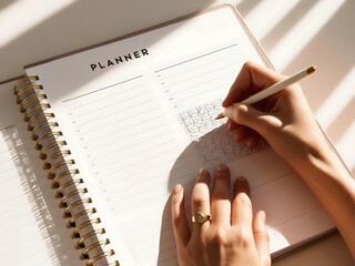 Wall Mural - growth self-awareness concept. a person writes in a planner, surrounded by sunlight, emphasizing org