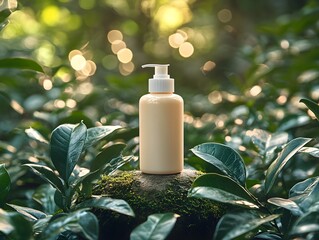 Poster - Natural Cosmetic Bottle Surrounded by Lush Greenery and Soft Bokeh Lights, Perfect for Eco-Friendly Products and Wellness Marketing