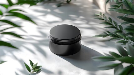 Poster - Elegant Black Cream Jar Surrounded by Greenery, Perfect for Beauty or Skincare Products, Natural Setting with Soft Lighting to Enhance Visual Appeal